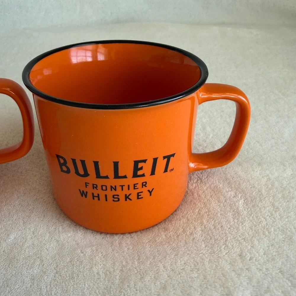 Set of 2 BULLEIT Whiskey Bourbon Ceramic Orange Mug‎ Cups Coffee Hot Toddy Cup